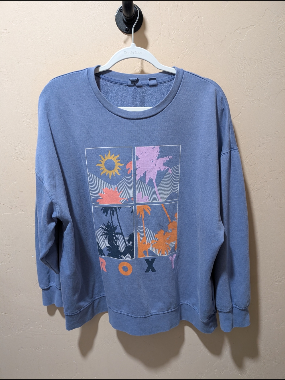 EUC Woman's Roxy Blue Palm Tree Blocks Graphic Pullover Sweatshirt Large